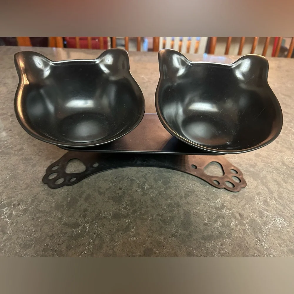 Cat head shaped off the floor bowls for cats (or 🐶 dog!) & NWTs 16”x12” pet mat.